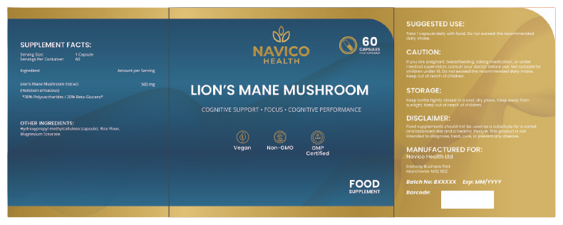 Navico Health Lion's Mane Mushroom supplement label with blue and gold design.