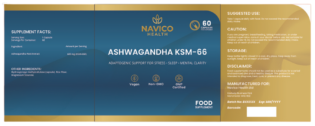 Navico Health Ashwagandha KSM-66 supplement label on a blue and gold background