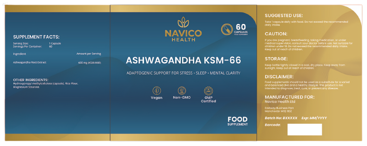 Navico Health Ashwagandha KSM-66 supplement label on a blue and gold background