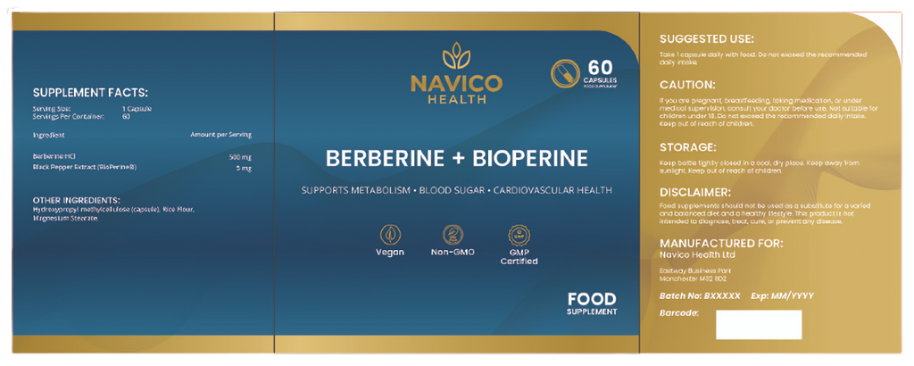 Navico Health Berberine + Bioperine supplement label on a blue and gold background