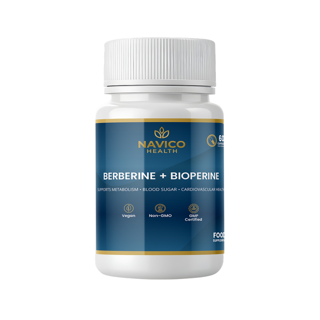 Navico Health Berberine + Bioperine supplement bottle on a white background