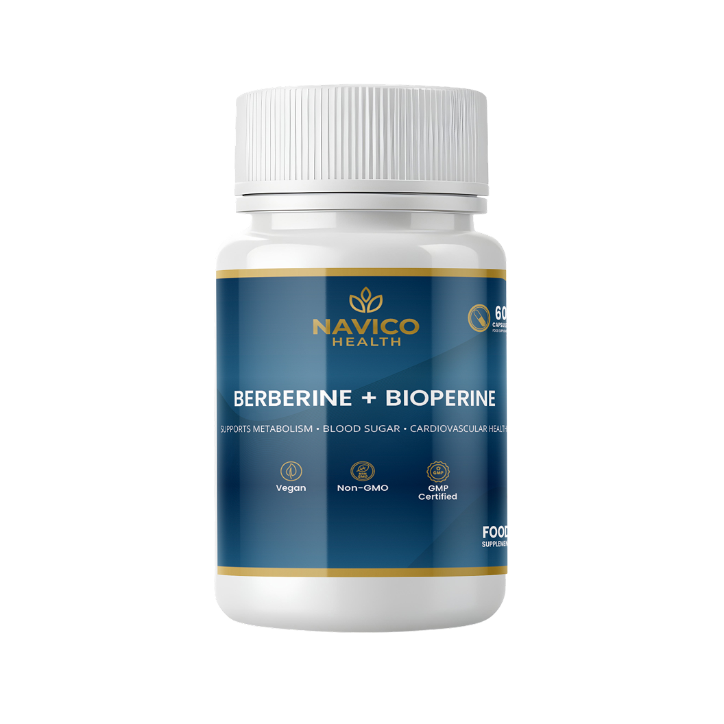 Navico Health Berberine + Bioperine supplement bottle on a white background