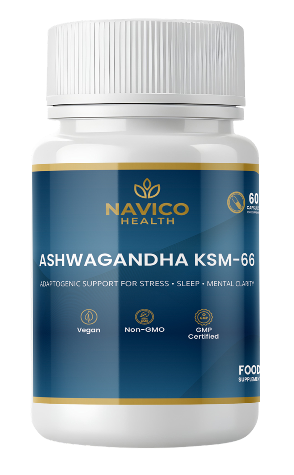 Navico Health Ashwagandha KSM-66 supplement bottle on a white background