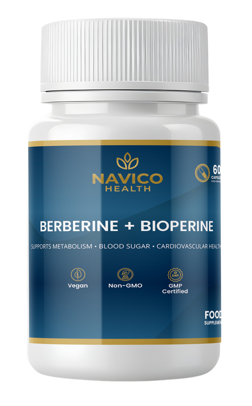 Navico Health Berberine + Bioperine supplement bottle on a white background
