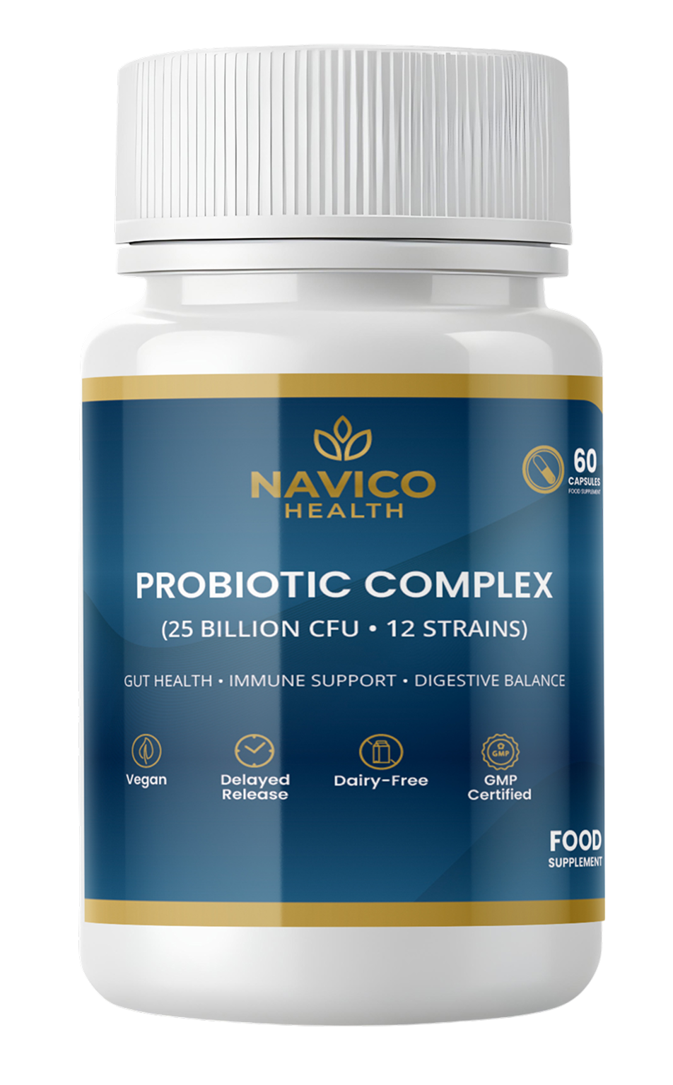 Navico Health Probiotic Complex supplement bottle on a white background
