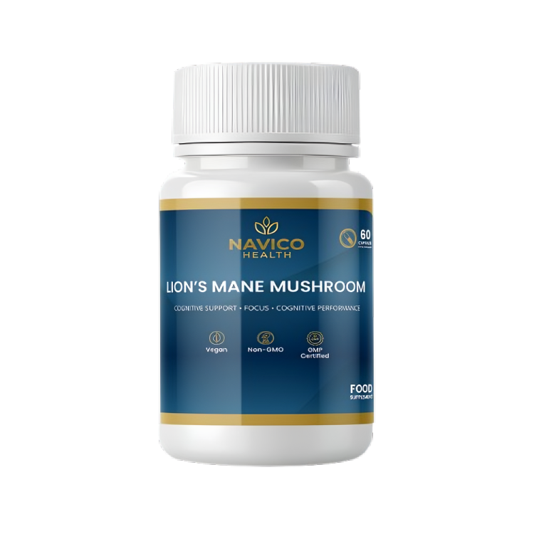 Navico Health Lion's Mane Mushroom supplement bottle on a white background