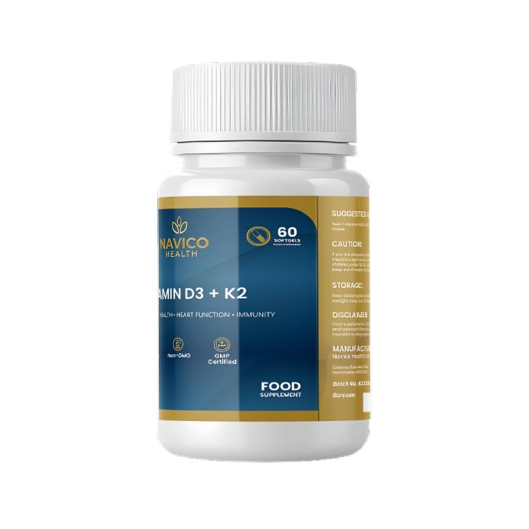 Supplement bottle labeled 'Vitamin D3 + K2' by Navico Health on a white background