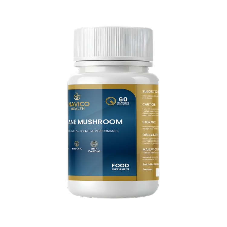 Supplement bottle labeled 'Navico Health' with 'Mane Mushroom' on a white background