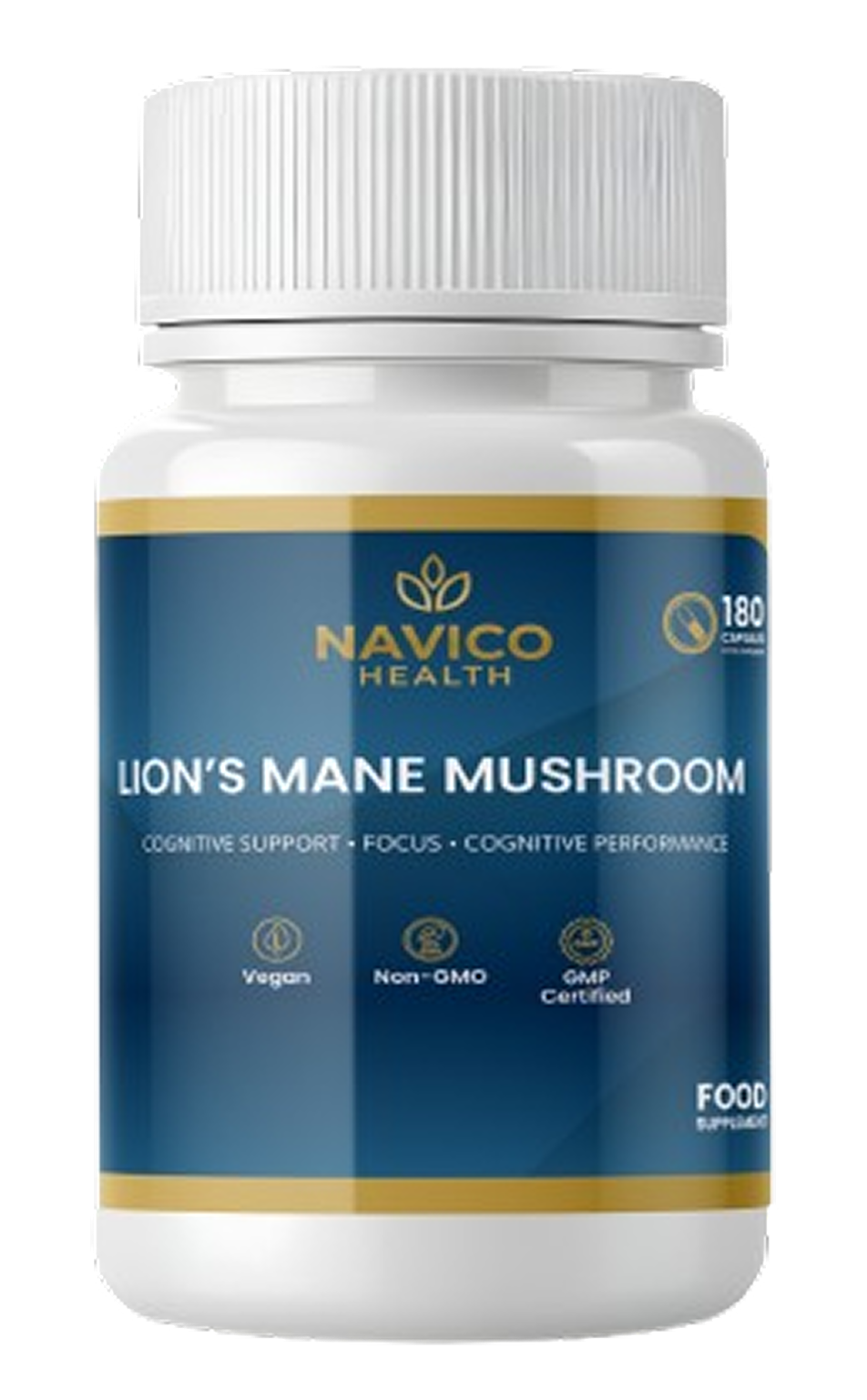 Navico Health Lion's Mane Mushroom supplement bottle on a white background