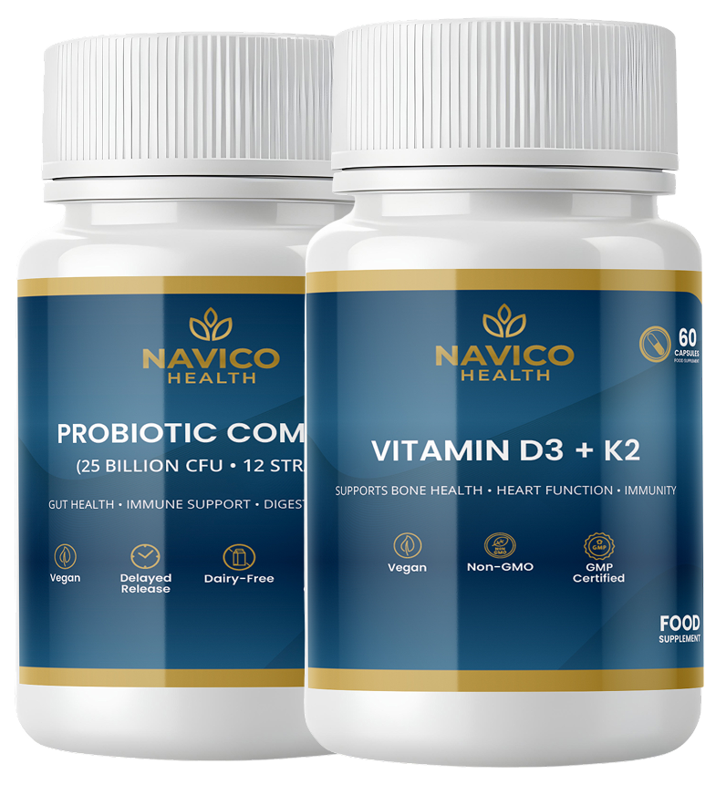 Two Navico Health supplement bottles, one labeled 'Probiotic Complex' and the other 'Vitamin D3 + K2', on a white background.
