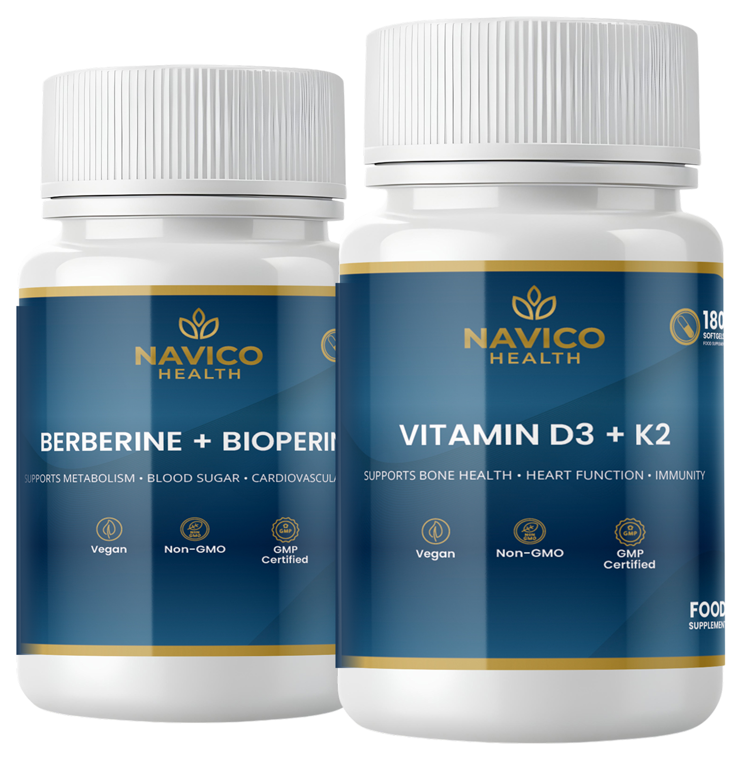 Two Navico Health supplement bottles on a white background