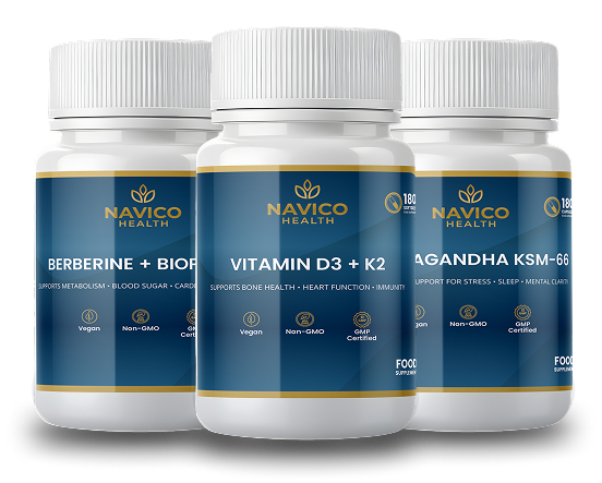 Three Navico Health supplement bottles on a white background
