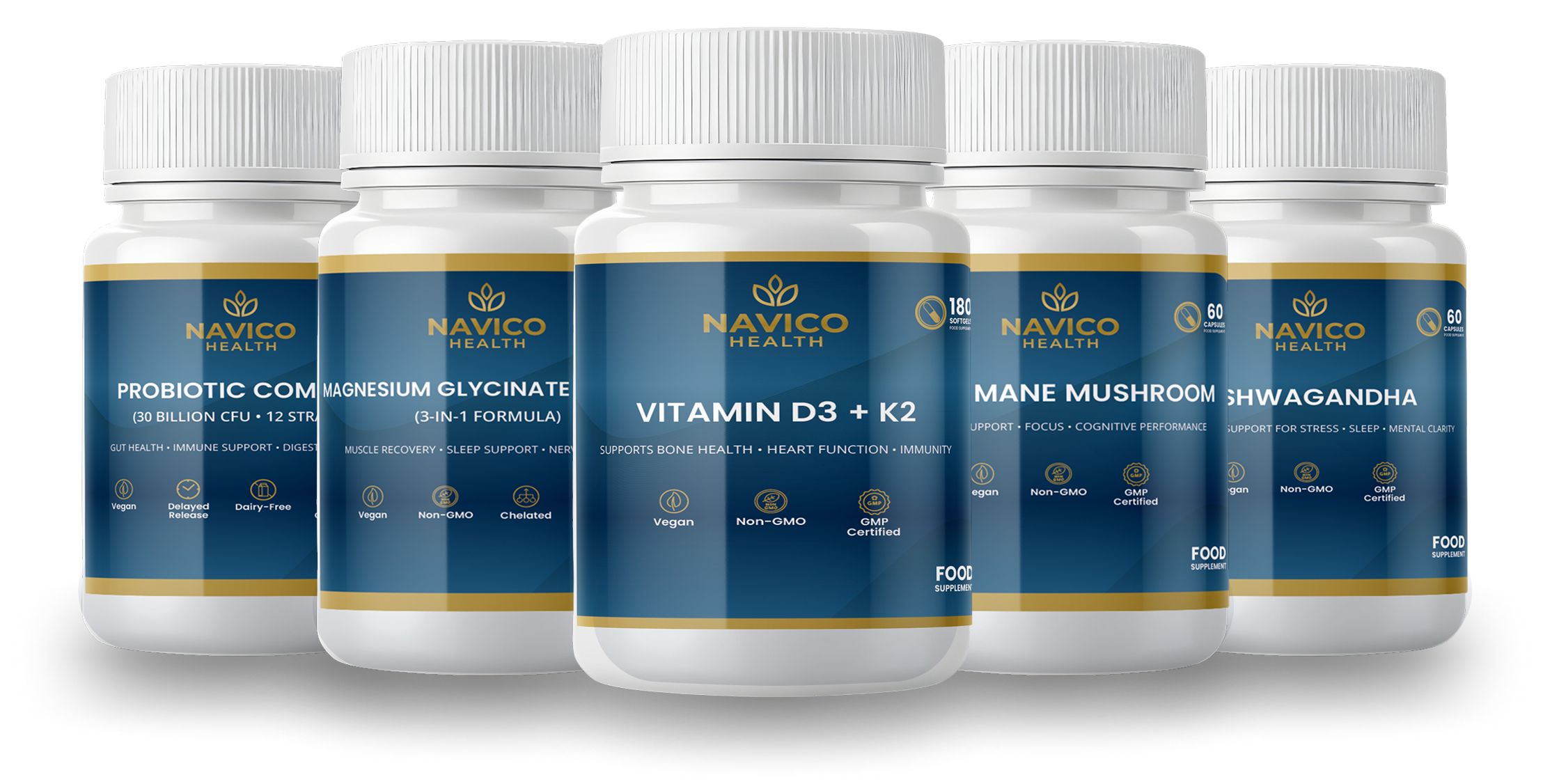 Five Navico supplement bottles on a white background