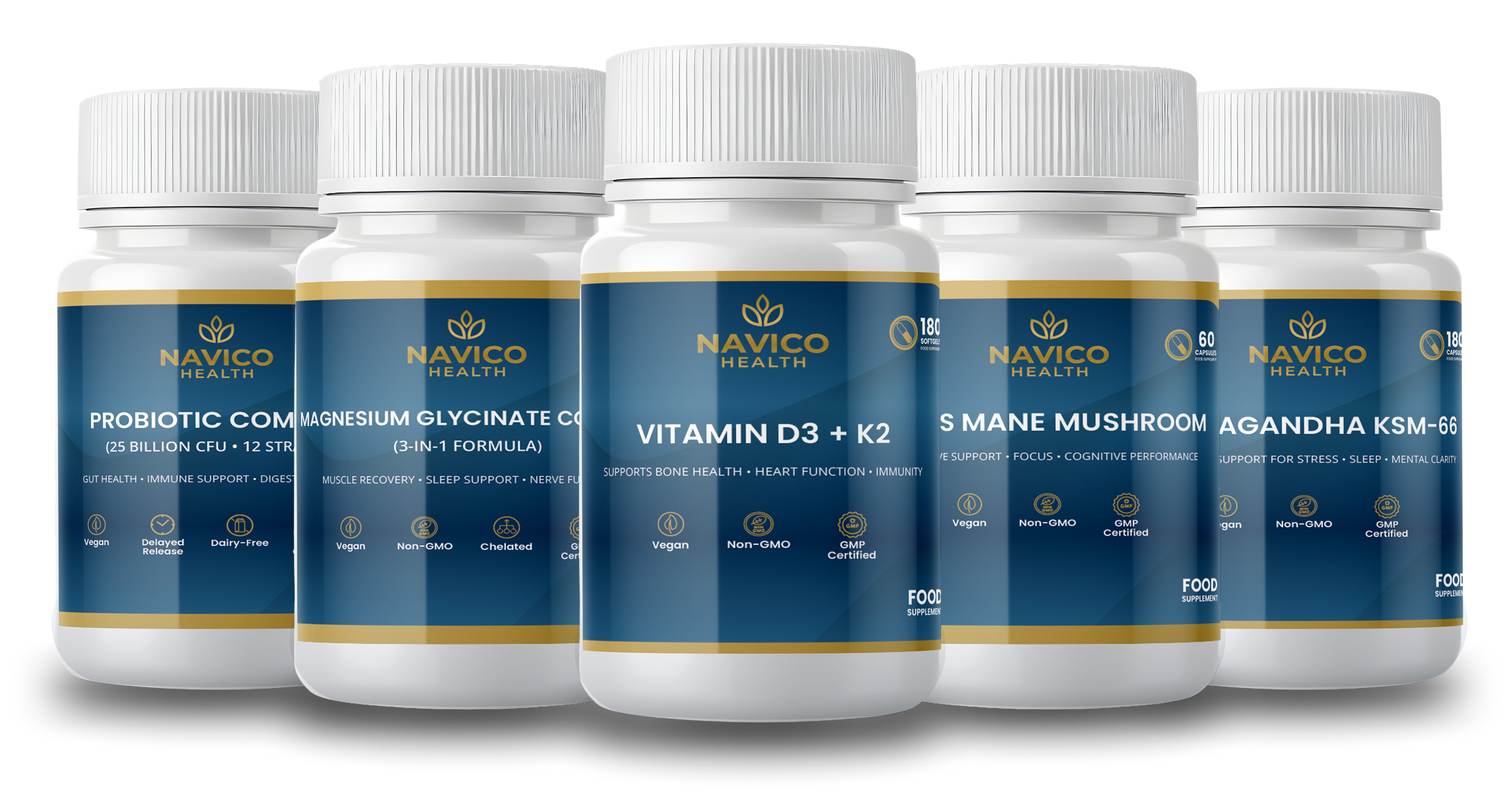Navico Health supplement bottles on a white background