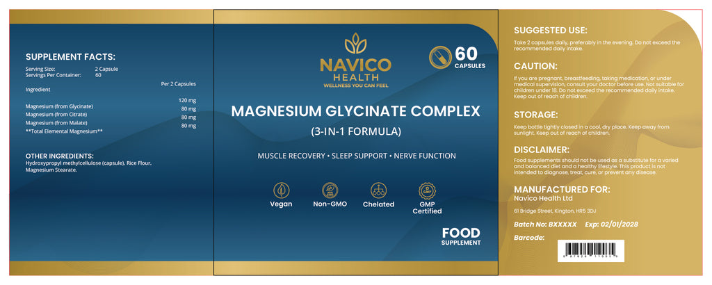 Navage Health Magnesium Glycinate Complex supplement label on a blue and gold background