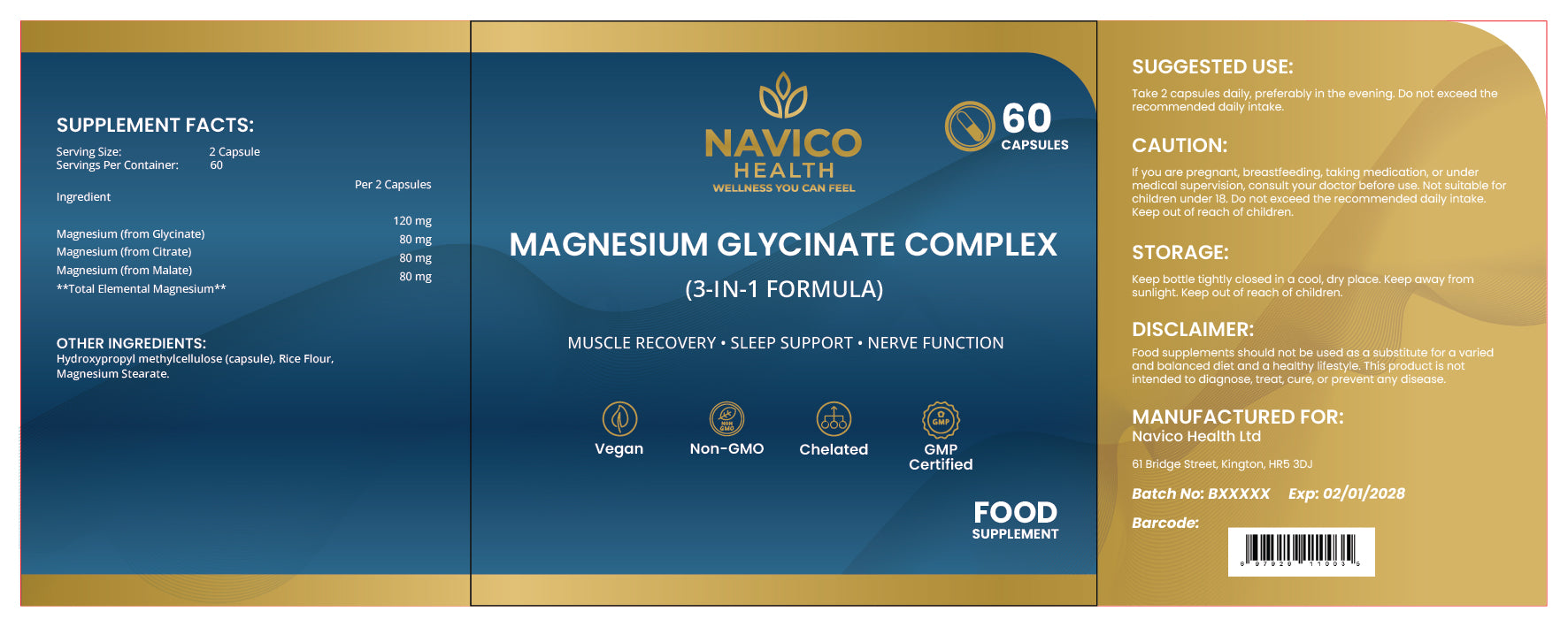 Navage Health Magnesium Glycinate Complex supplement label on a blue and gold background