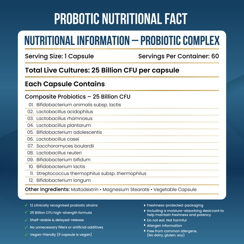 Probiotic nutritional information label on a blue background