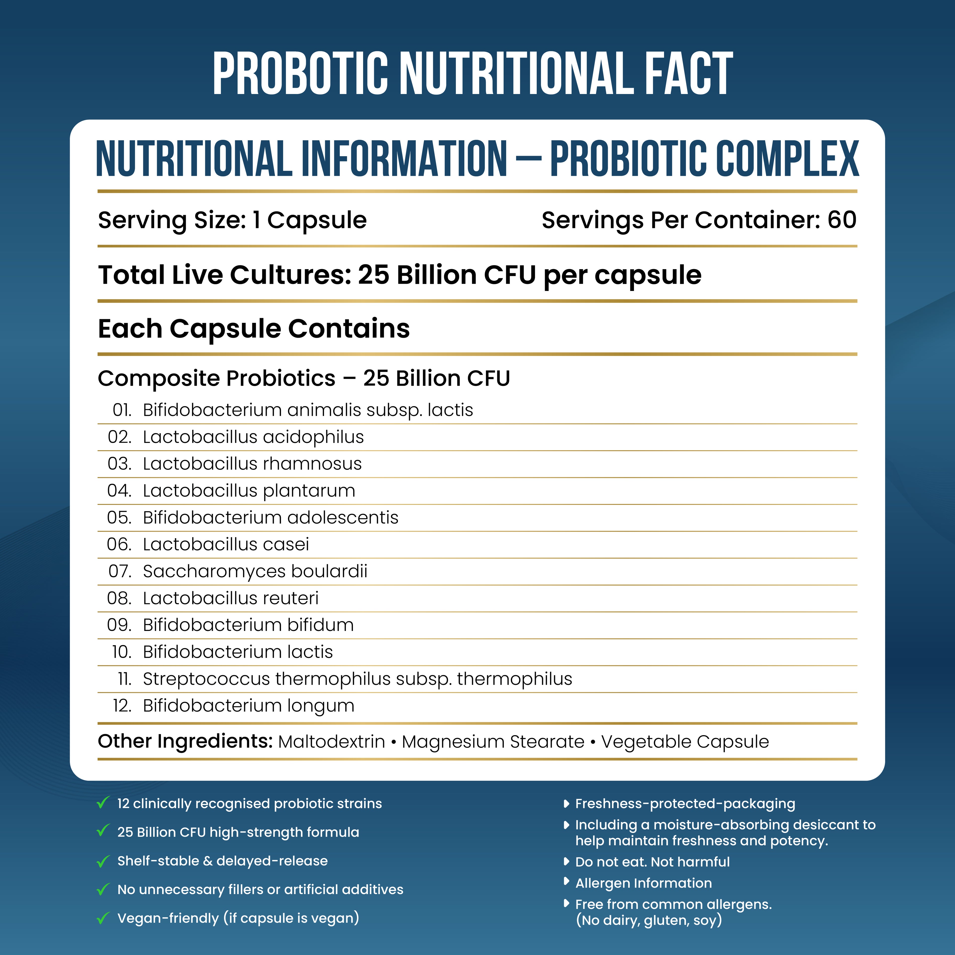 Probiotic nutritional information label on a blue background