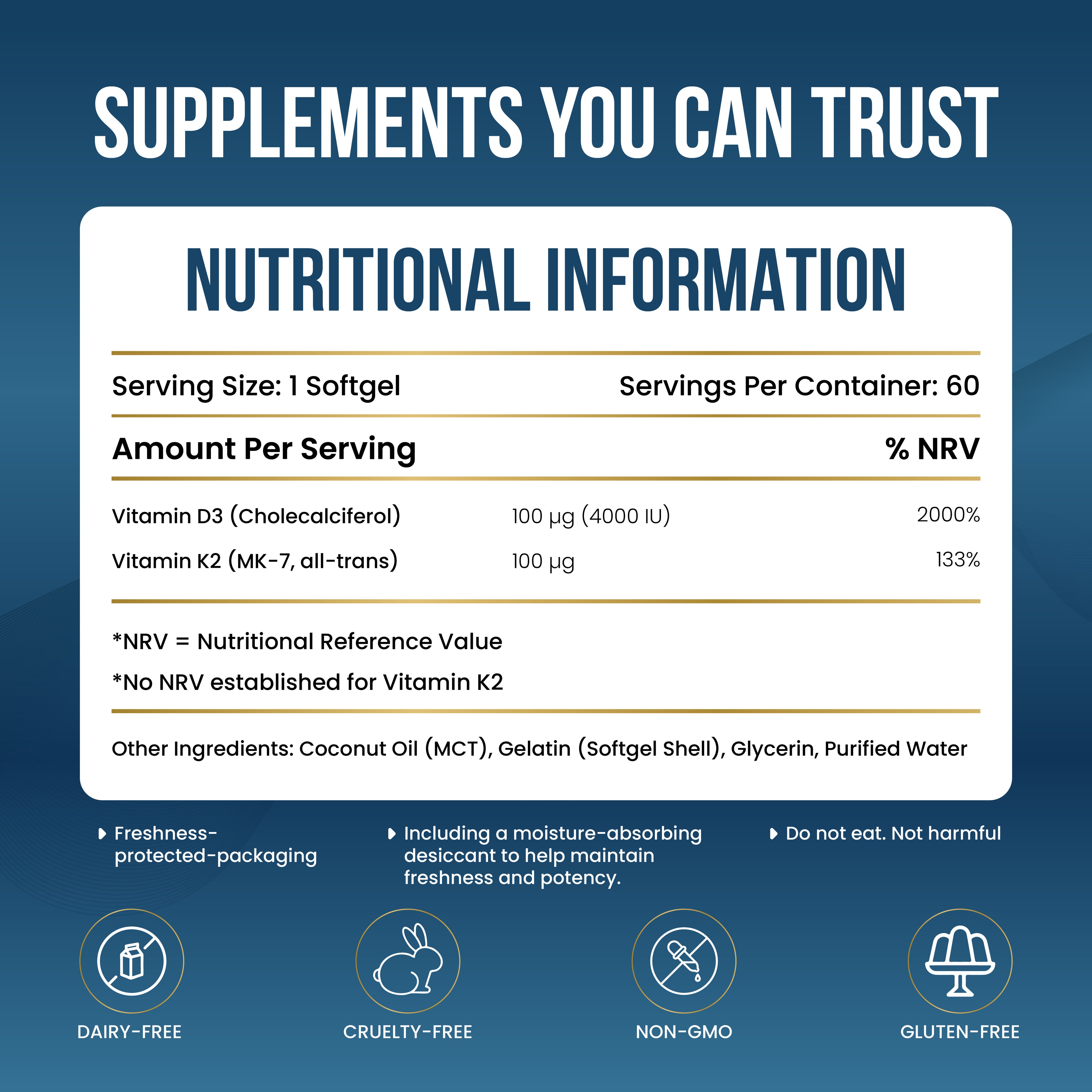 Nutritional information label for supplements on a blue background with text 'Supplements You Can Trust'.